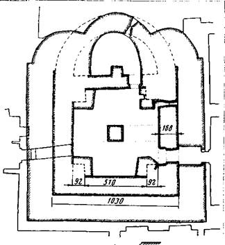 План подклета Благовещенского собора (с кладками второй половины XIV в. и 1416 г.).
По М.Х.Алешковскому и Б.Л.Альтшуллеру